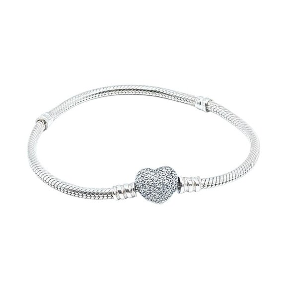 PANDORA Moments Sparkling Sterling Silver Charm Bracelet With Heart Pave Clasp - Picture 1 of 4